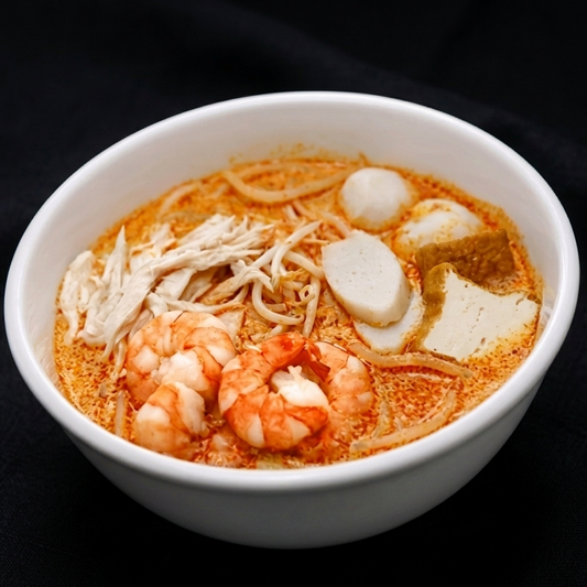 A bowl of halal Singapore laksa with prawns, chicken, and fishcake - Live station Catering by Nury Dian Xin Delight